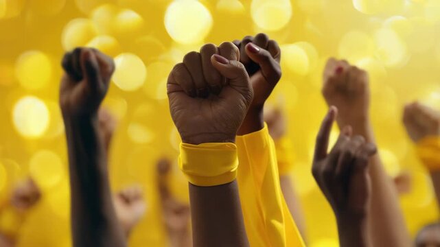 Rally for social justice with a crowd of people wearing yellow bands and raising fists.