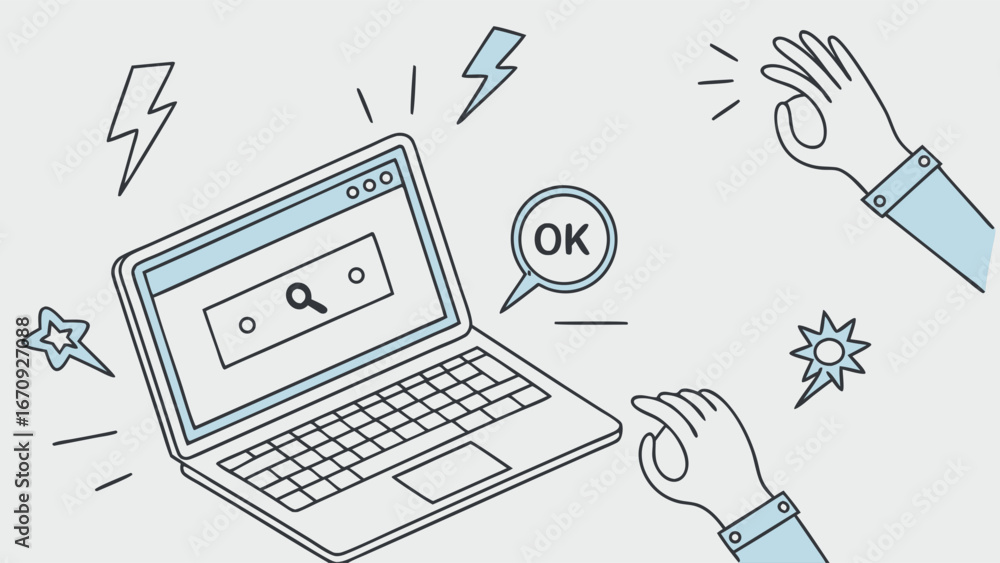 Aufkleber laptop computer illustration online search hand gestures okay sign digital technology website browsi