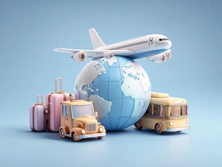 Travel globe with plane, suitcases, and bus