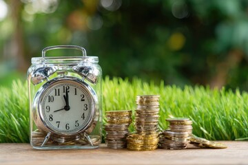 Glass jar clock with coins, green grass