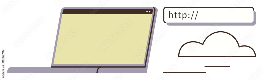 Poster laptop screen beside a url bar and cloud graphic symbolizing online browsing, cloud storage, digital