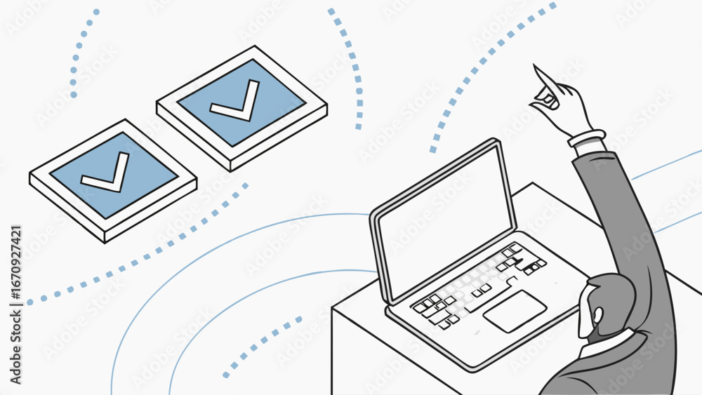 Poster isometric illustration of a person working on a laptop with checkmarks floating nearby representing 