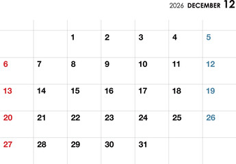 2026年12月カレンダー　横向き