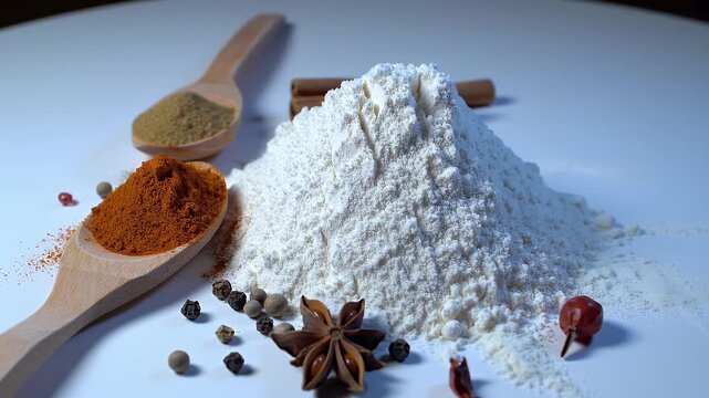 White Flour Mound with Assorted Spices on Wooden Spoons