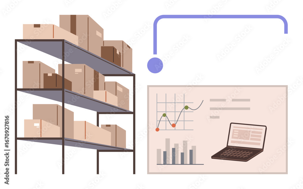 Poster shelves stacked with cardboard boxes alongside a laptop displaying analytics charts and graphs. idea