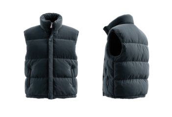 Minimalist Black Puffer Vest Design Front and Back on Transparent Background
