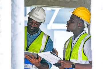 An experienced construction foreman mentors a young apprentice on a building site. The senior engineer uses a tablet to explain project details, providing on-the-job training and guidance.