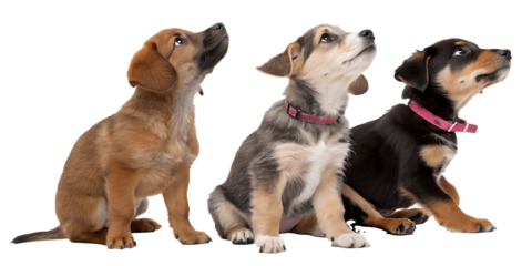 Three Adorable Puppy Siblings Sitting Side by Side Looking Upward with Curiosity and Wonder showcasing their different coat colors and charming expressions against a clean background