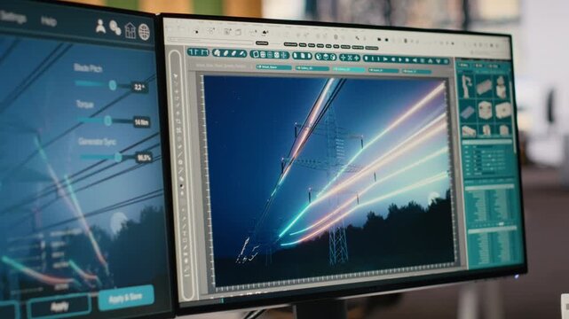 Digital power lines analytics dashboard displays performance data, supporting smart grid optimization. Workstation in office used to analyze sensor data from clean energy generator transmission tower