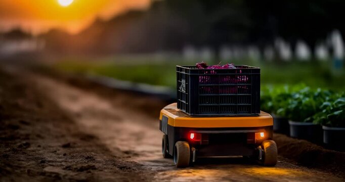 Small autonomous ground robot delivering crates between greenhouses