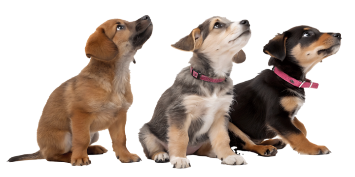 Three Adorable Puppy Siblings Sitting Side by Side Looking Upward with Curiosity and Wonder showcasing their different coat colors and charming expressions against a clean background