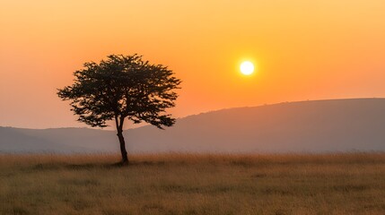 Serene Sunset Landscape, Lone Tree in Golden Grassland