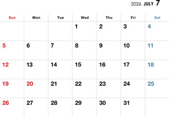 2026年7月カレンダー　横向き