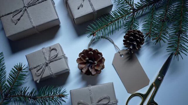 Kraft Paper Gift Boxes with Pine Cones and Gold Scissors