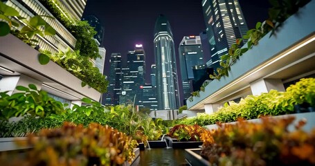 Nighttime view of illuminated vertical farm towers in a city