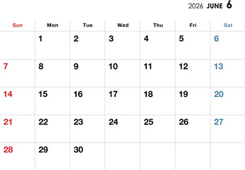 2026年6月カレンダー　横向き