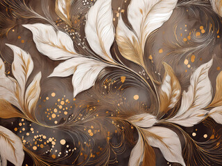 Textured brown wallpaper with a swirling leaf pattern, bright brush strokes and gold dots