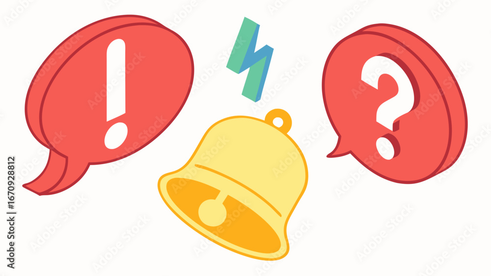 Poster alert notification bell with exclamation and question marks in speech bubbles.