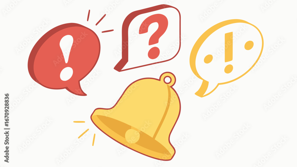Poster alert notification bell with speech bubbles - question mark and exclamation mark icons.