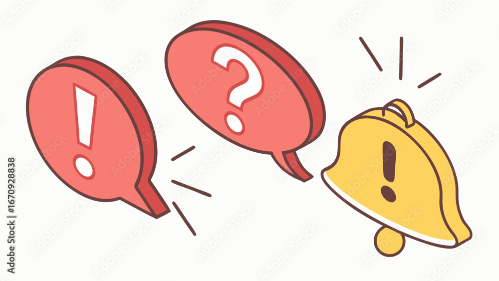 Poster isometric illustration of exclamation mark question mark and notification bell for alert warning or 
