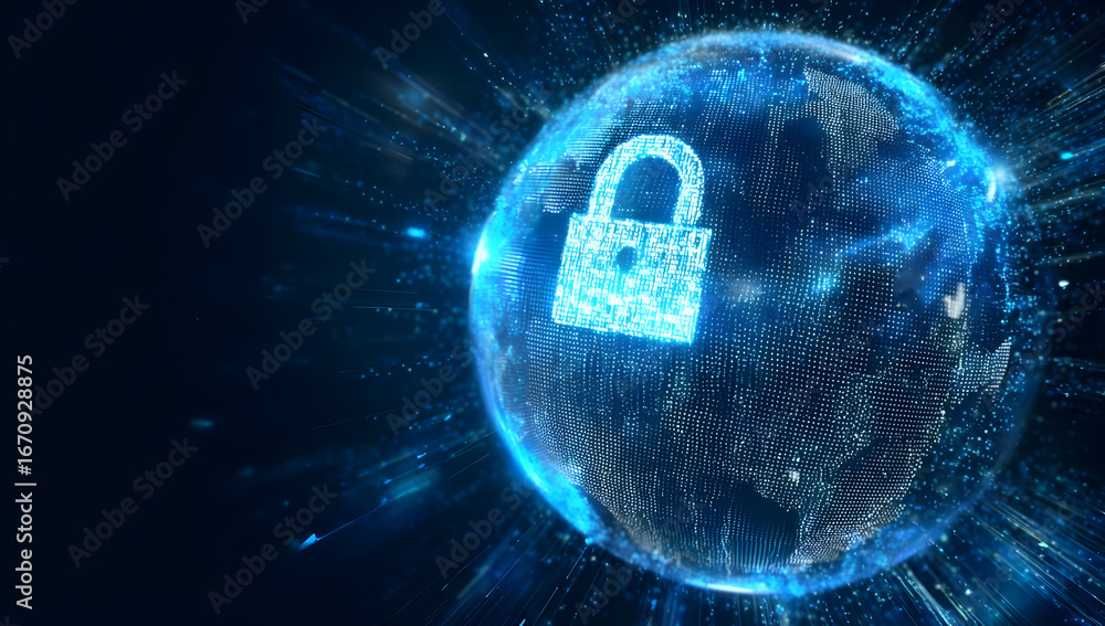 Poster a digital representation of a secure globe with a glowing padlock symbolizing cybersecurity and data