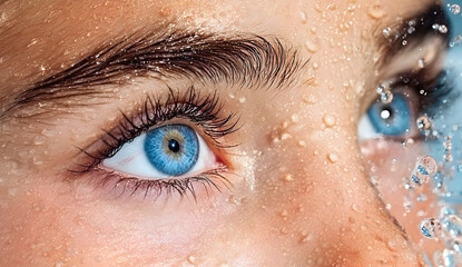 A close-up of a young person's striking blue eyes with water droplets, capturing a moment of clarity and emotion. The image evokes wonder and serenity.