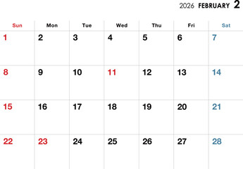 2026年2月カレンダー　横向き