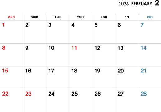 2026年2月カレンダー　横向き