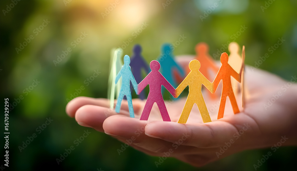 Poster a hand holding colorful paper figures representing unity and diversity. this image symbolizes commun