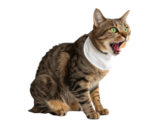 Striped Tabby Cat Yawning with White Bib Against Black Backdrop Pet Mammal with Green Eyes Showing Tongue and Open Mouth Cute Animal Image
