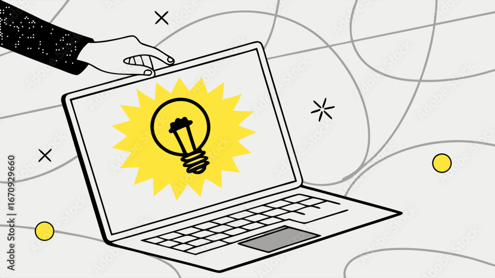 Poster laptop screen displaying a lightbulb symbolizing idea generation and innovation.