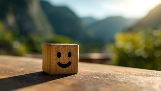 A cheerful wooden block featuring a smiling face, sitting outdoors amidst a serene natural landscape. Perfect for conveying positivity and happiness.