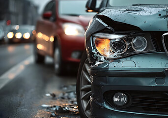 Fototapeta premium A close-up view of a damaged car on a busy road after an accident. The headlights are broken, showcasing the aftermath of a recent collision.