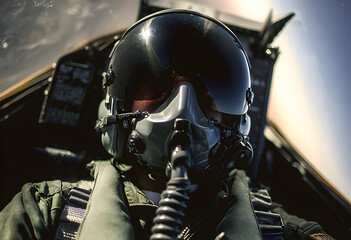 Fototapeta premium A close-up of a pilot in a cockpit, wearing a helmet and flight suit, showcasing the intensity and focus of aviation in high-speed flight.