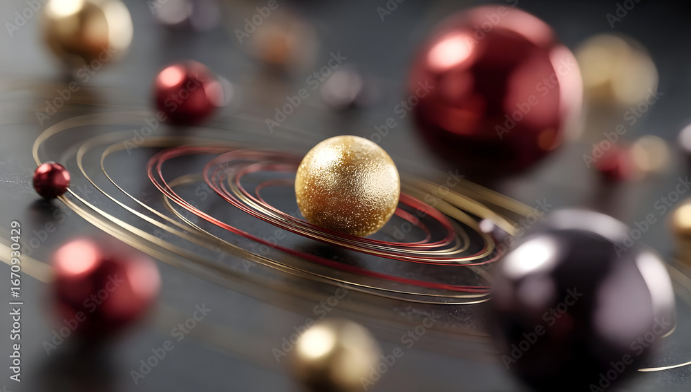 Poster a captivating 3d rendering of colorful spheres in varying sizes, arranged in a dynamic pattern that 