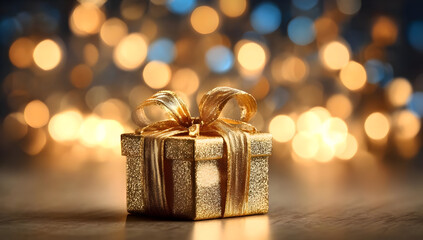 A beautifully wrapped gift box with a golden ribbon sits elegantly against a backdrop of blurred twinkling lights, creating a warm festive atmosphere.