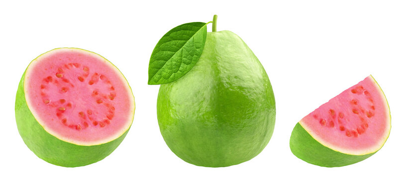 Guava isolated. Collection of whole, halves and pieces of guava on transparent background.