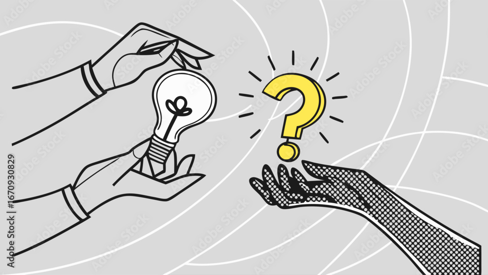 Poster hands exchanging a lightbulb and a question mark idea and question concept illustration.