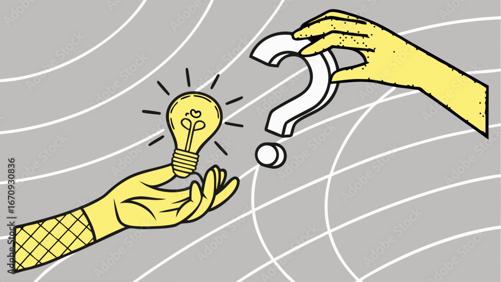 Poster conceptual illustration idea vs question problem-solving innovation solution choice decision creativ