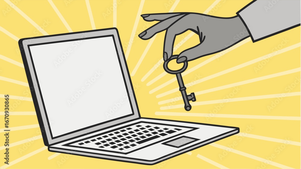 Aufkleber laptop computer security key access digital privacy online protection data safety hand holding key a