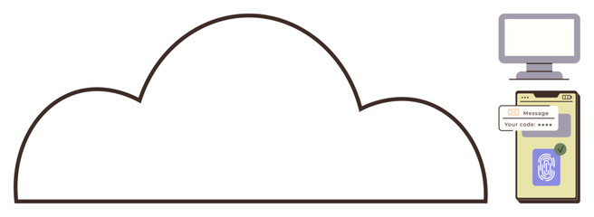 Large cloud outline connected to a smartphone with fingerprint scanner, code message, and a desktop screen. Ideal for security, authentication, technology, data storage, connectivity, communication