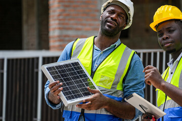 Two professional Black engineers collaborating on a building project. A skilled architect discusses...