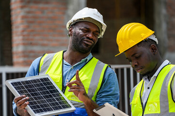 Two construction site managers collaborating on a building inspection. A supervisor points out an...