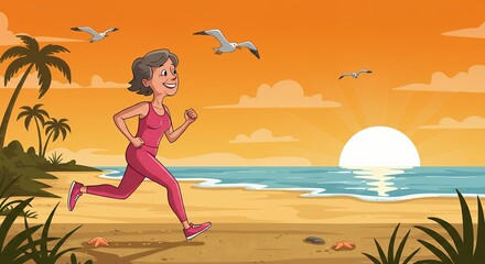 Senior woman jogging on beach at sunset illustration