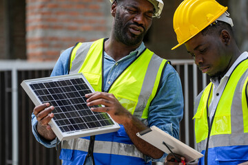 Two construction site managers collaborating on a building inspection. A supervisor points out an...