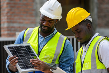 An experienced construction foreman mentors a young apprentice on a building site. The senior...