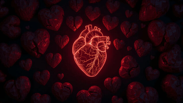 corazon  luminoso  rodeado de corazones rotos