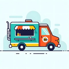 Colorful illustration of a food truck, showcasing a burger icon and window display.