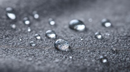 Gray water-repellent fabric for furniture or clothing, with moisture drops. Artificial surface. Modern nano-leather or eco-leather. Textured background or backdrop. Selective focus. Macro.