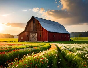 Rustic barn at sunset over colorful fields